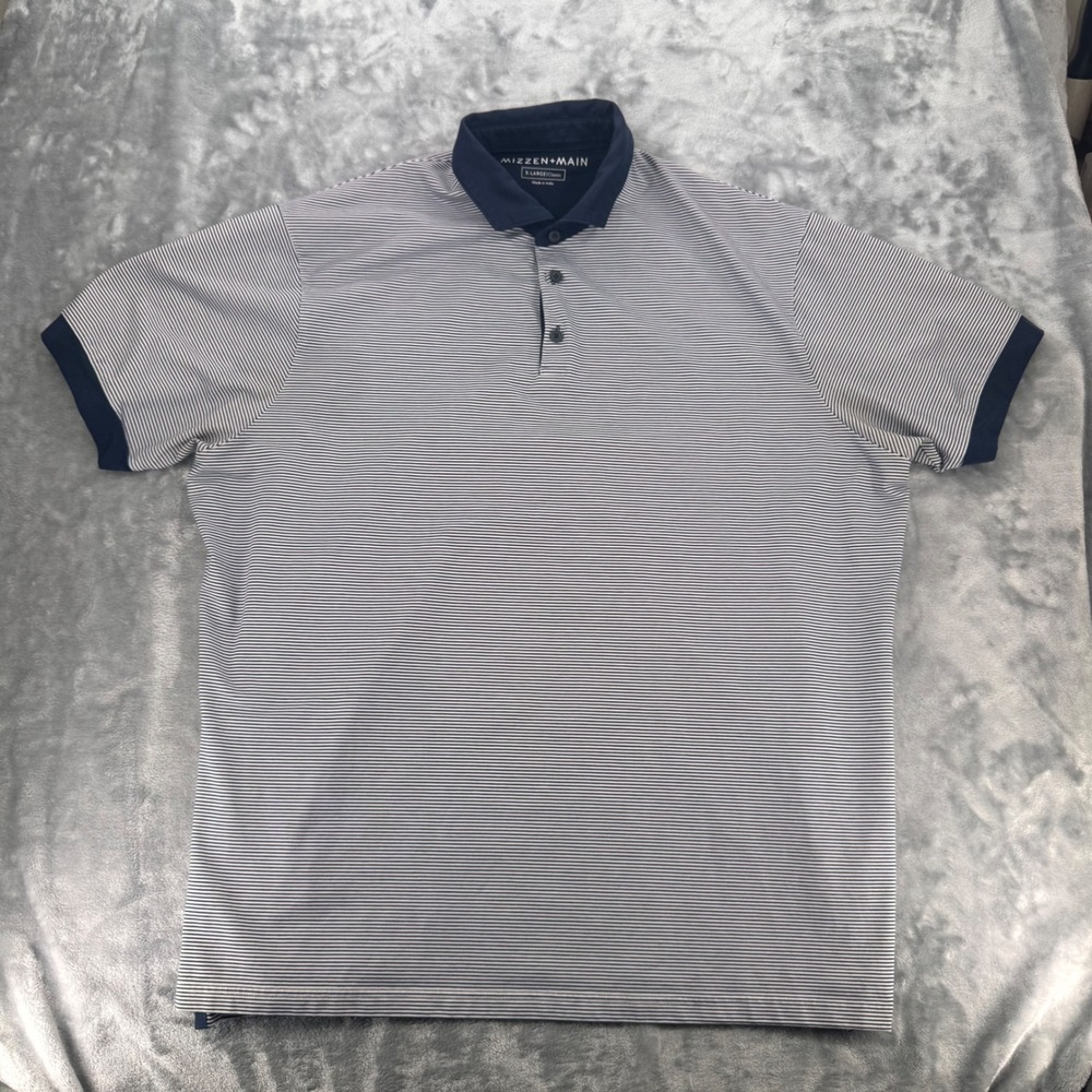 MIZZEN+MAIN Mens X Large Classic Navy White Stripe Short Sleeve Polo Shirt - Picture 3 of 7